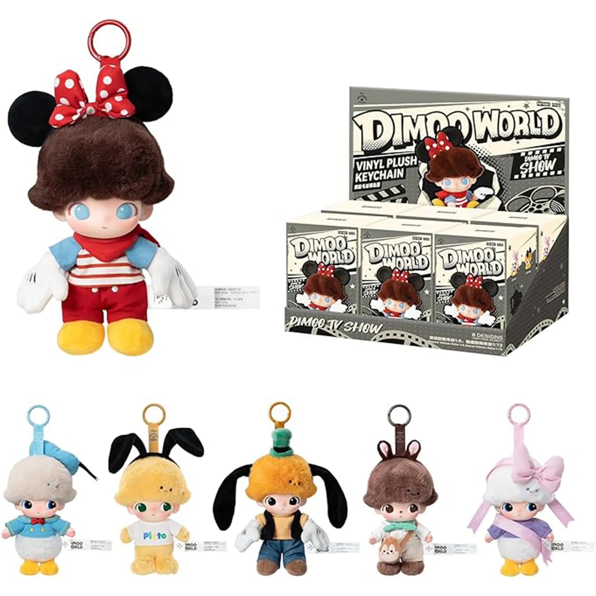 Full Kit View of Pop Mart Labubu Dimoo World x Disney Series Vinyl Plush Keychain Sealed Case (Case of 6)